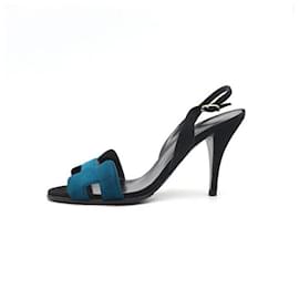 Hermès Sandali open-toe con slingback da donna in pelle scamosciata con logo blu