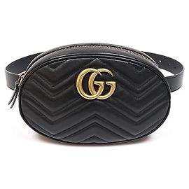Gucci Black Matelassé Chevron Gold GG Marmont Belt Bag