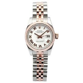 Rolex Datejust Damenuhr mit weißem Zifferblatt, römischen Ziffern und Pink-Kombination