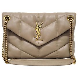 Saint Laurent Petit sac à bandoulière Lulu Puffer en agneau beige foncé avec chaîne