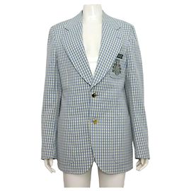 Gucci Damenjacke mit besticktem Ananas-Logo und blauem Karomuster