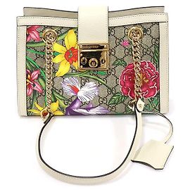 Gucci Borsa a Spalla GG Supreme Canvas White FLORA Flower Padlock Small Chain
