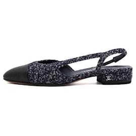 Chanel Sapatos slingback de tweed azul marinho e pele de vitela brilhante para mulher