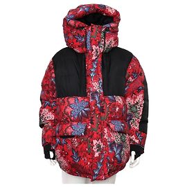 Moncler Giacca imbottita con cappuccio a stampa floreale nera e rossa