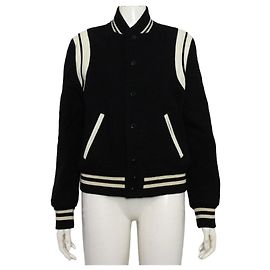 Saint Laurent Giacca bomber Teddy da donna in lana nera con bordi in pelle