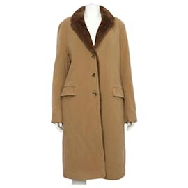 Cappotto lungo da donna in misto lana beige e pelliccia di montone marrone - Etro