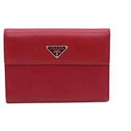 Portefeuille en cuir Saffiano rouge avec logo argenté - Prada