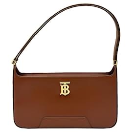 Burberry Borsa a tracolla TB Medium in pelle di vitello liscia color Tan caldo con monogramma dorato