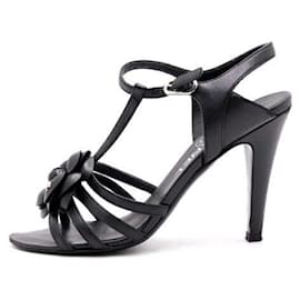 Chanel Scarpe con cinturino da donna in pelle nera con camelia CC