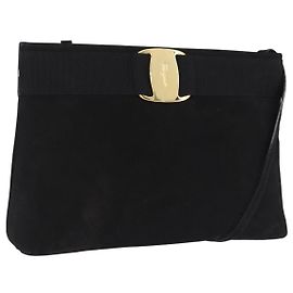 Borsa a tracolla Salvatore Ferragamo Vala in scamosciato nero e oro Auth ka5242