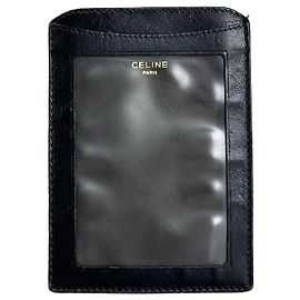 Céline Tarjetero de cuero vintage Celine negro y dorado