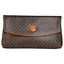 Céline Clutch Vintage Celine in tela rivestita Marrone Tan Oro