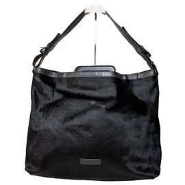 Borsa a Spalla Vintage Emporio Armani in Pelle con Finitura in Pelliccia Nera
