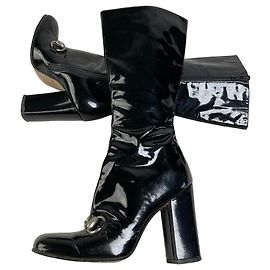 Vintage Gucci Lackstiefel kniehoch Schwarz Silber EU5