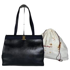 Salvatore Ferragamo Tote in pelle texturizzata vintage Ferragamo blu navy e oro