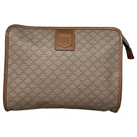 Céline Pochette Vintage Celine em Canvas Revestido Bege Tan Zip Dourado