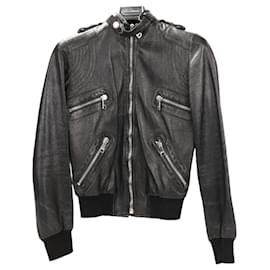 Dolce & Gabbana Bikerjacke aus schwarzem Leder und Leopardenmuster, Größe 38