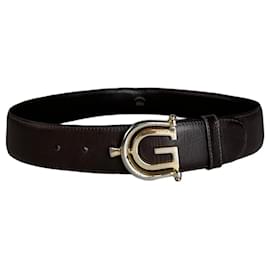 Vintage Gucci Double G Logo Ledergürtel Dunkelbraun Gold