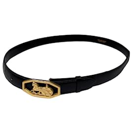 Vintage Celine Ledergürtel mit Pferd & Kutsche Schnalle Schwarz Gold - Céline