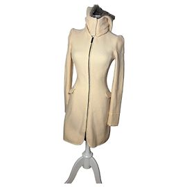 Giorgio Armani Cappotto Vintage Armani in misto lana con bordo in pelliccia Crema M