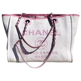 Chanel Deauville straw tote bag in white raffia and pink leather