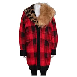 Roberto Cavalli Strickjacke aus Wolle und Mohair mit rotem Karomuster Größe 40/S Gebraucht