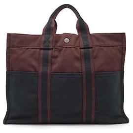 Hermès Borsa Fourre Tout MM in tela di cotone bordeaux e nero Hermes