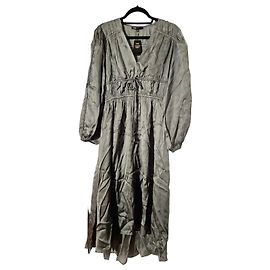 Maje grünes langes Kleid mit Kordelzug und Puffärmeln