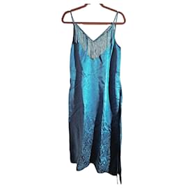 Pinko Maxikleid aus Satin in Petrolblau mit Logo-Print