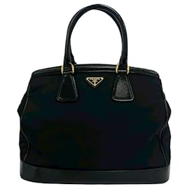 Mini borsa tote in nylon e pelle con placca logo triangolare nera Prada