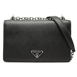 Borsa a tracolla con catena in Saffiano nero e Tessuto Prada