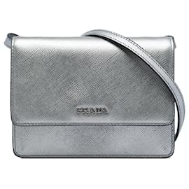 Portafoglio con tracolla in Saffiano argento Prada