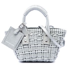 Borsa Balenciaga Bistro Basket in finta pelle argentata metallizzata XXS