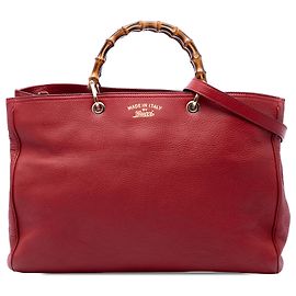 Borsa shopper Gucci in pelle di vitello rossa con manici in bambù, taglia Large