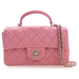 Chanel Pink Mini Rectangular Classic Lambskin Top Handle Flap