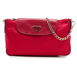 Borsa a tracolla Prada Red Saffiano Trimmed Tessuto Chain
