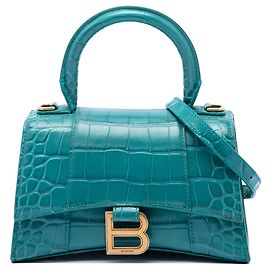 Borsa Hourglass a manico in pelle di vitello con stampa coccodrillo blu Balenciaga XS