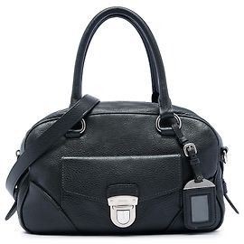 Prada Black Vitello Daino Front Pocket Boston Bag