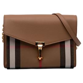 Borsa a tracolla Burberry Derby Macken in pelle marrone e tela House Check Small