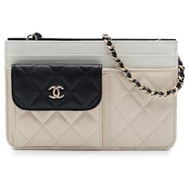 Portafoglio con catena Chanel Brown CC Tricolor trapuntato in pelle di capra con tasche multiple