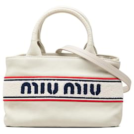 Cabas convertible en toile Miu Miu blanc avec bordure en coton et logo brodé