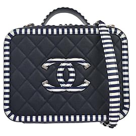Chanel Filigree Vanity Case Quilted Caviar con pelle a righe Small