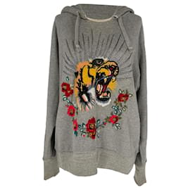 Gucci Tiger Embroidered Hoodie in Grey Cotton