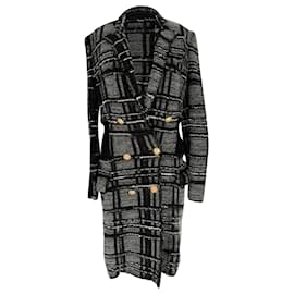 Abrigo de tweed a cuadros de doble botonadura Balmain en viscosa gris