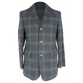 Ralph Lauren Elbow Patch Work Plaid Jacket in Navy Blue Wool