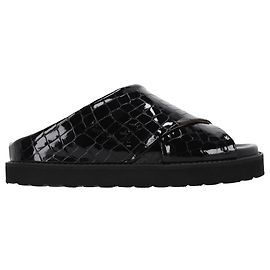 Sandali slide Ganni in pelle di vitello verniciata con effetto coccodrillo nero