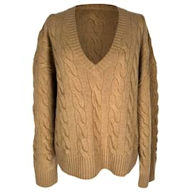Polo Ralph Lauren V-Ausschnitt Strickpullover aus Camel-Wolle mit Zopfmuster