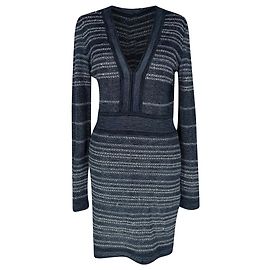 Vestido curto de gola em V listrado Balmain em viscose azul