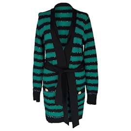 Balmain Gestreifter Cardigan mit langem Gürtel aus grüner Viskose