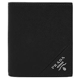 Wallet Saffiano Silver Logo Compact Wallet Black - Prada